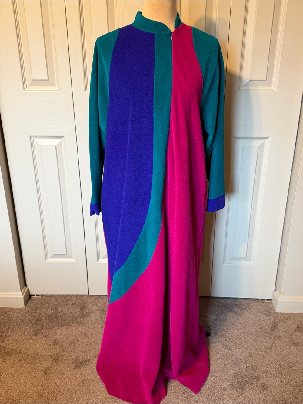 Vintage Vanity Fair Colorblock Velour Long Housecoat Zip-Front Robe Womens Small